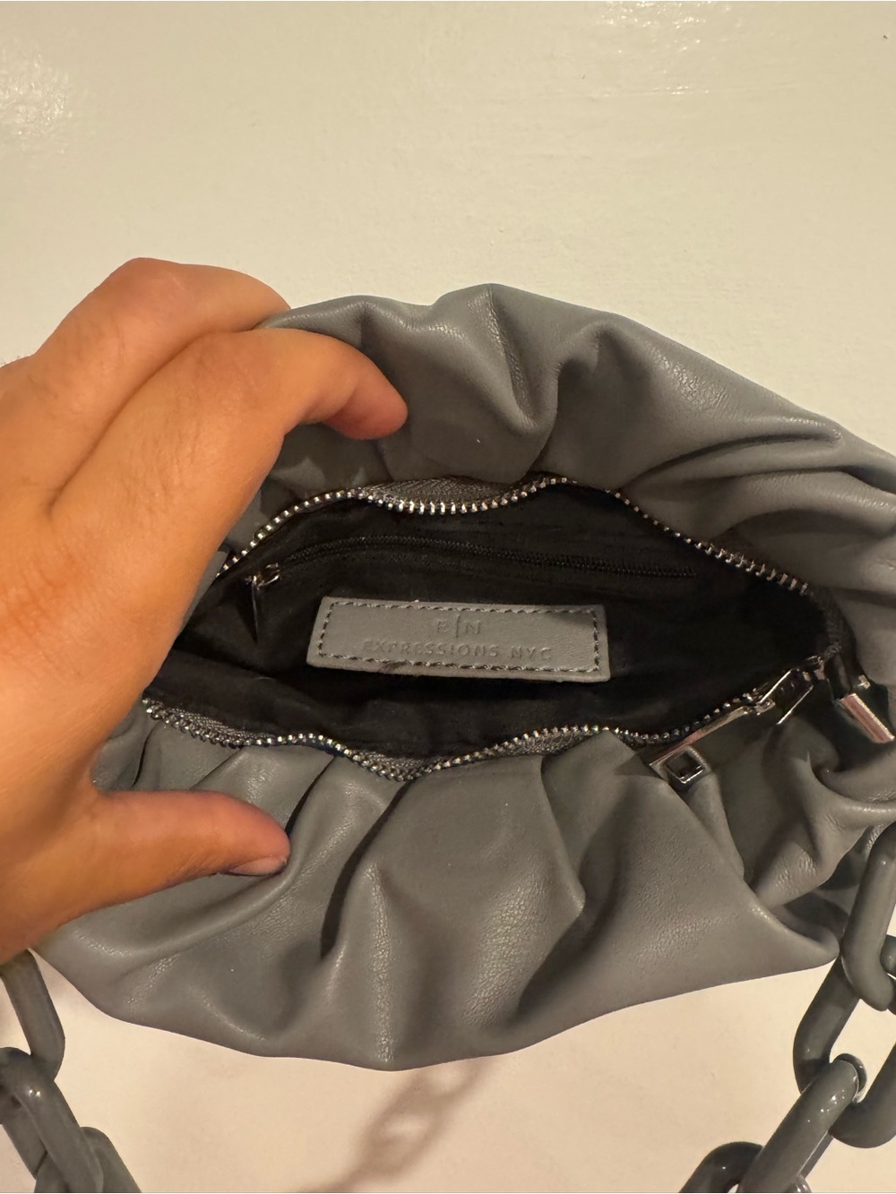Expressions NYC Gray Ruched Clutch Bag Chunky Chain Link Shoulder Purse 11” - Picture 4 of 4